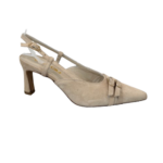 slingback in camoscio, doppie fibbie frontali, allacciatura posteriore, tacco 75mm